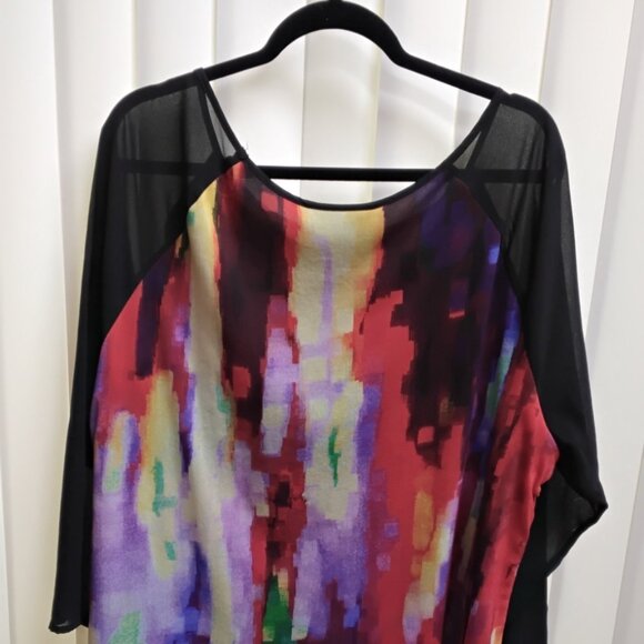 Pyramid Collection 2X black abstract sheer layered blouse with long sleeves - Picture 2 of 6